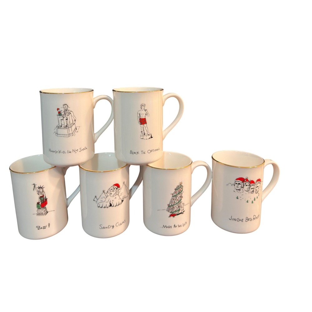 Merry Masterpieces Christmas Mugs Set 6 Dayton Hudson 1999 Porcelain Gold Trim